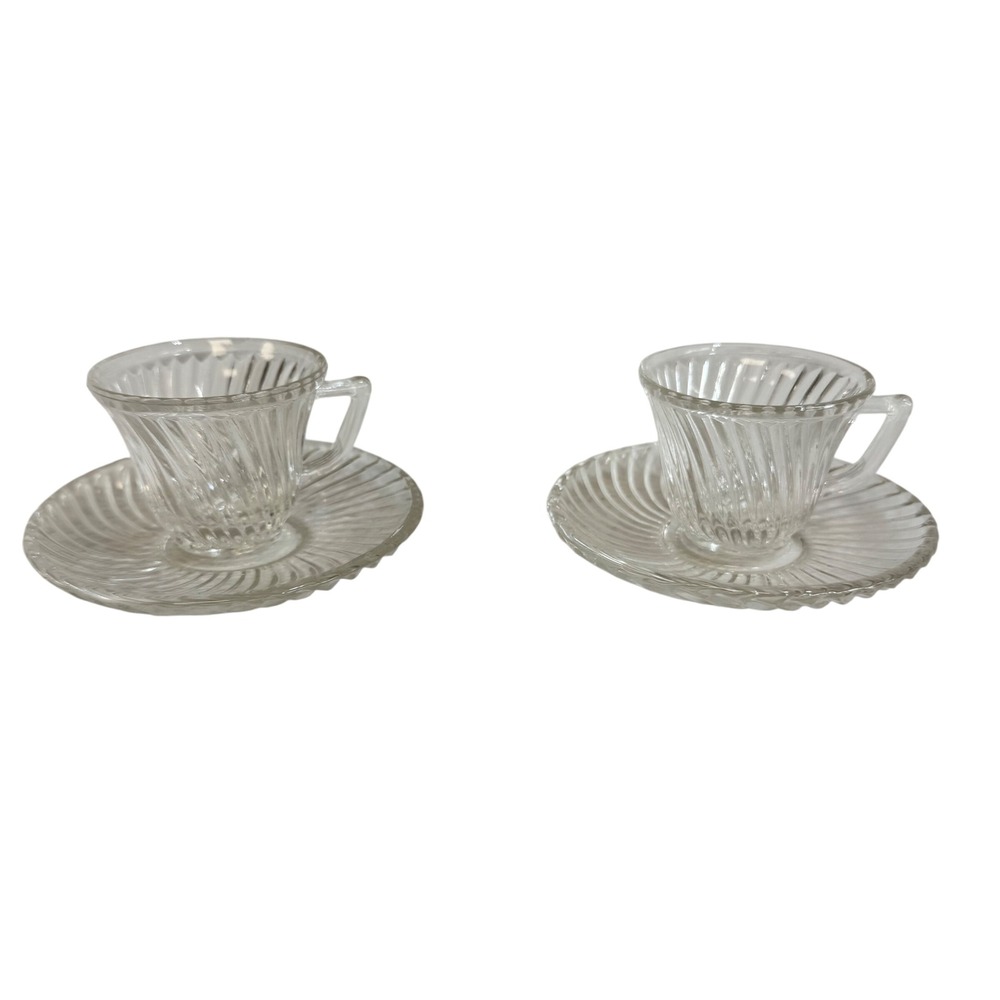 Set of 2 Clear Glass Swirl Espresso Cups and Saucers Demitasse Federal